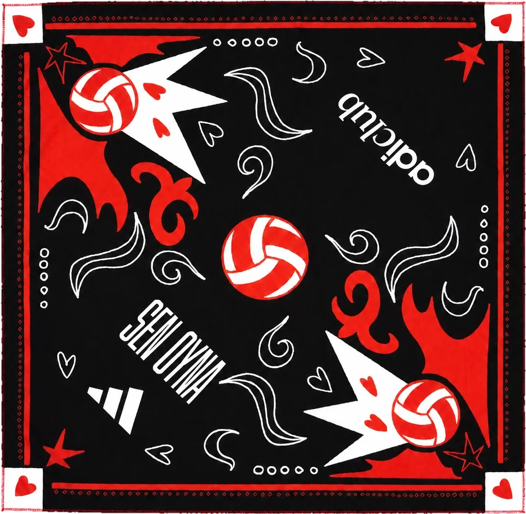 adiclub için üretilen tam yüzey baskılı kare bandana, önden, açık serili